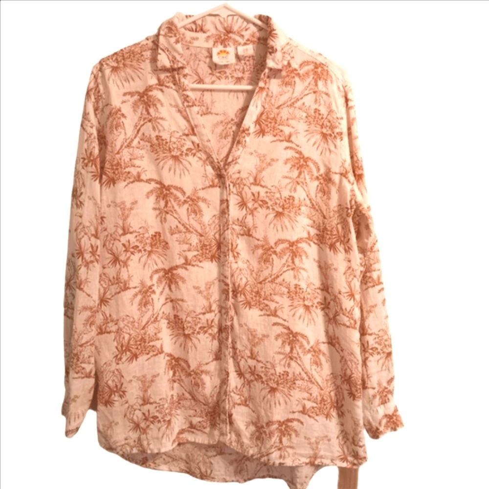 C&C California 100% Linen Brown & Cream Tropical Palm‎ Print Button Down Shirt M